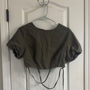 Khaki Puff Sleeve Crop Top
